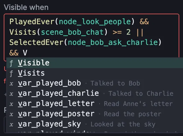 An expression input with syntax highlighting and an autocomplete dropdown