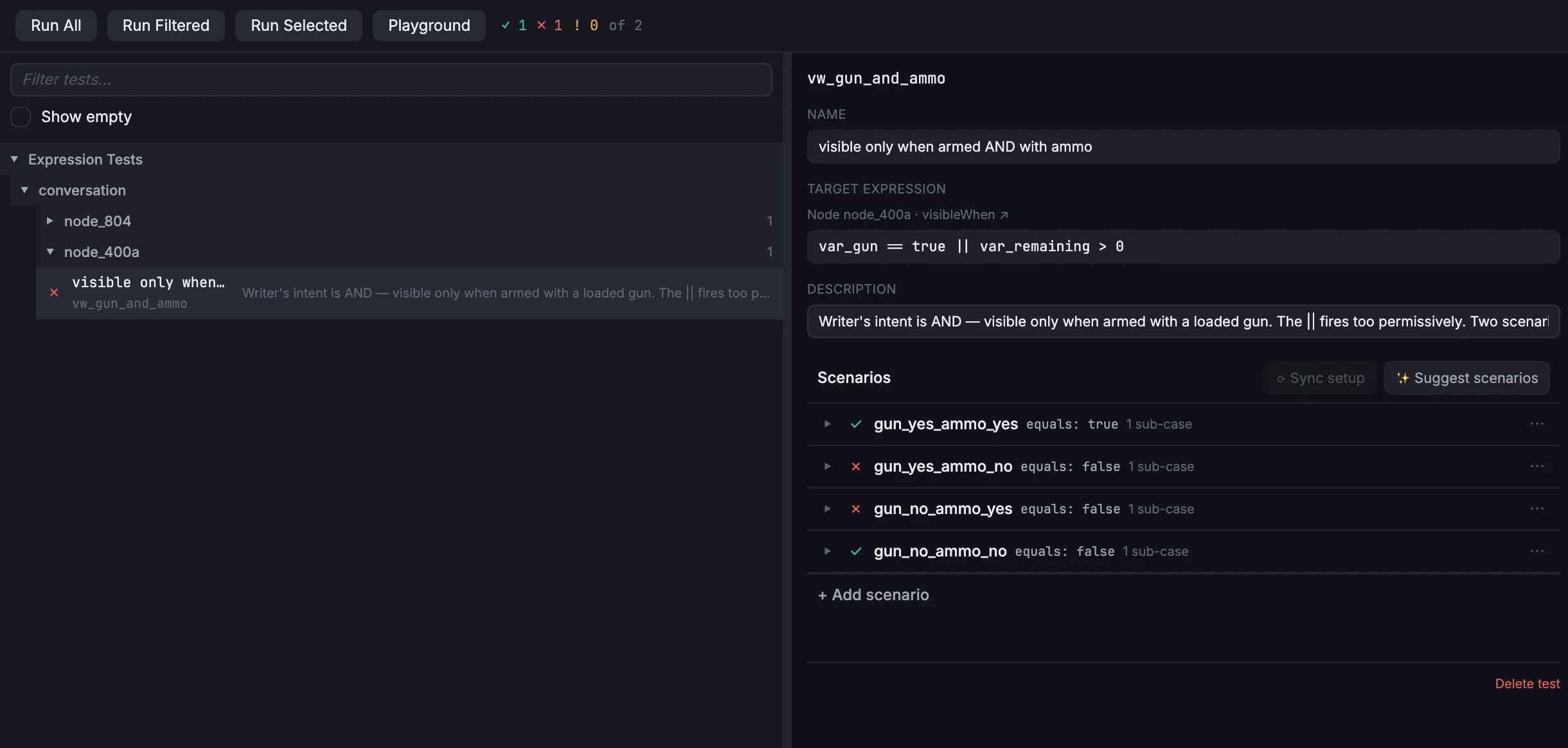 An expression test with case inputs (variables, play history, inventory) and a locked-in expected outcome