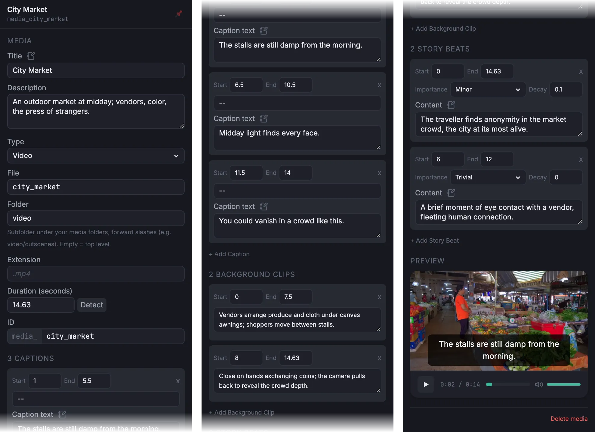 The media inspector showing duration, captions, and annotations for a video asset