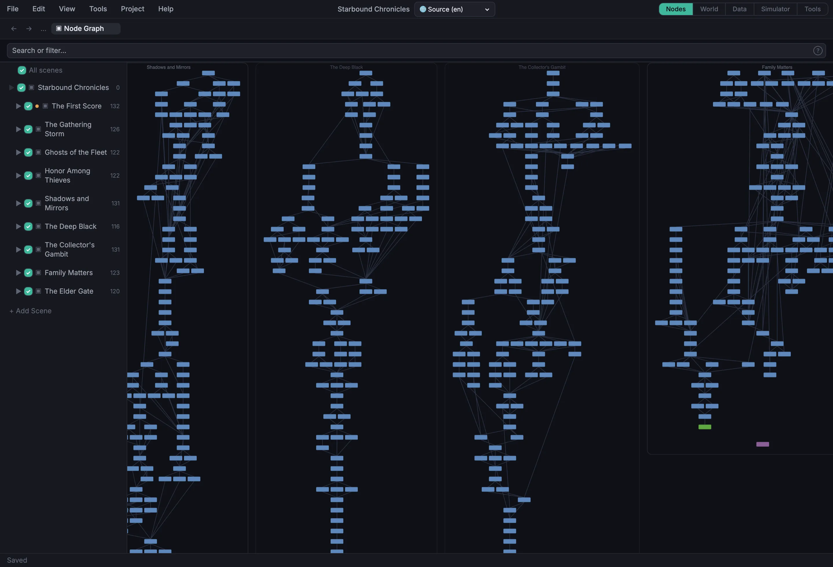 The StoryBonsai node graph editor showing a branching conversation