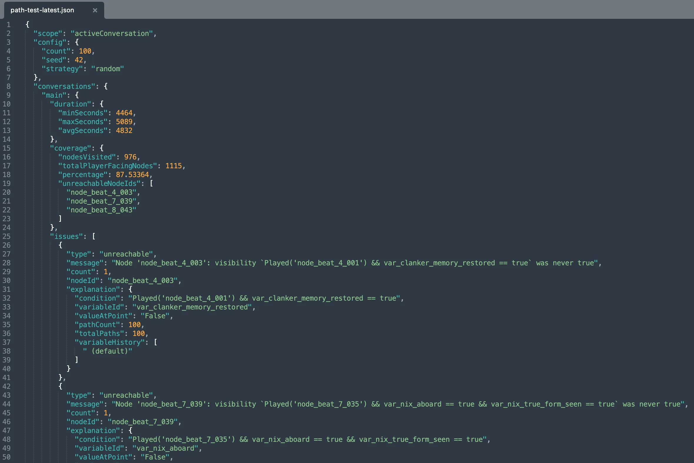 A JSON path-test report output showing project totals, statistics, and issue traces