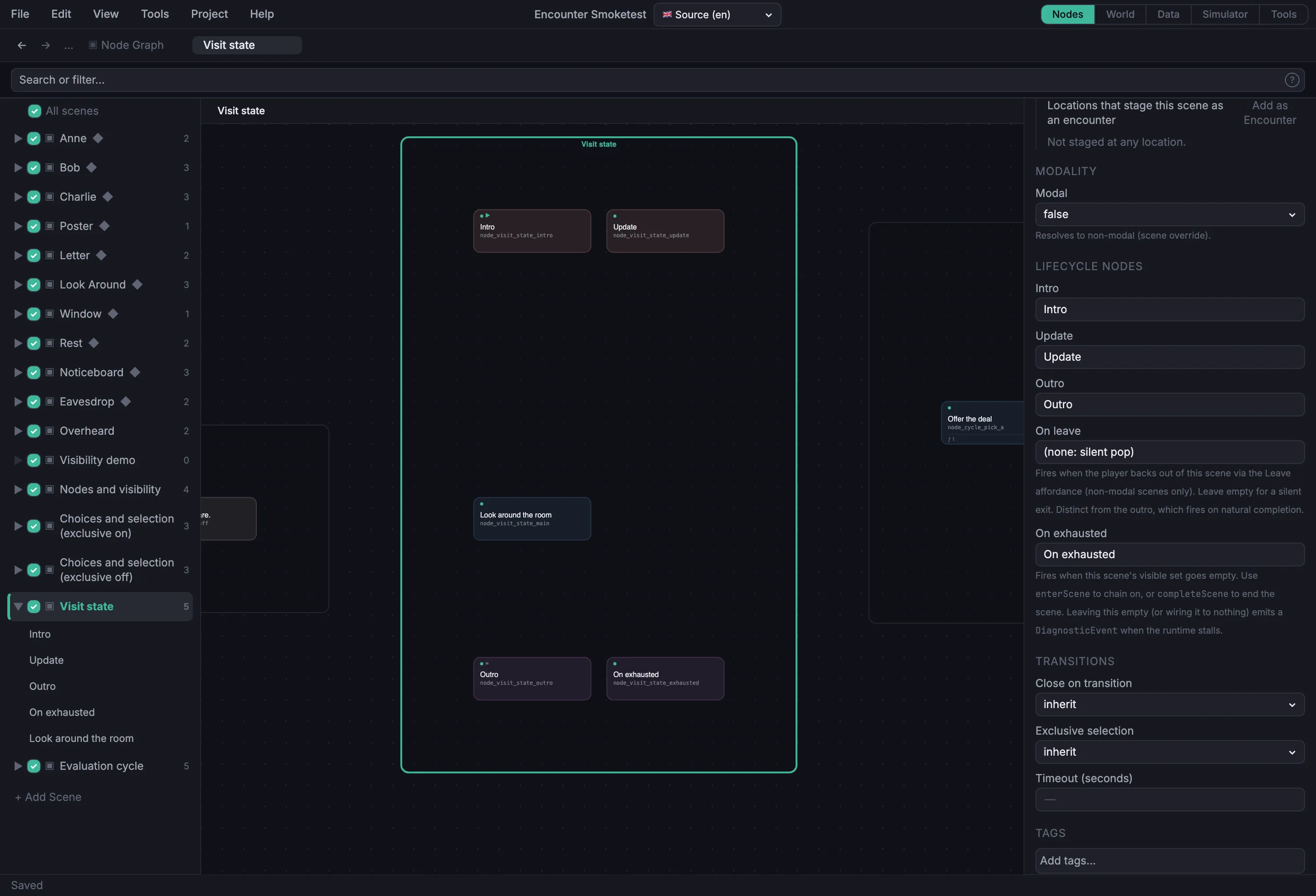 A StoryBonsai scene on the canvas with intro, update, outro, on-leave, and on-exhausted lifecycle nodes