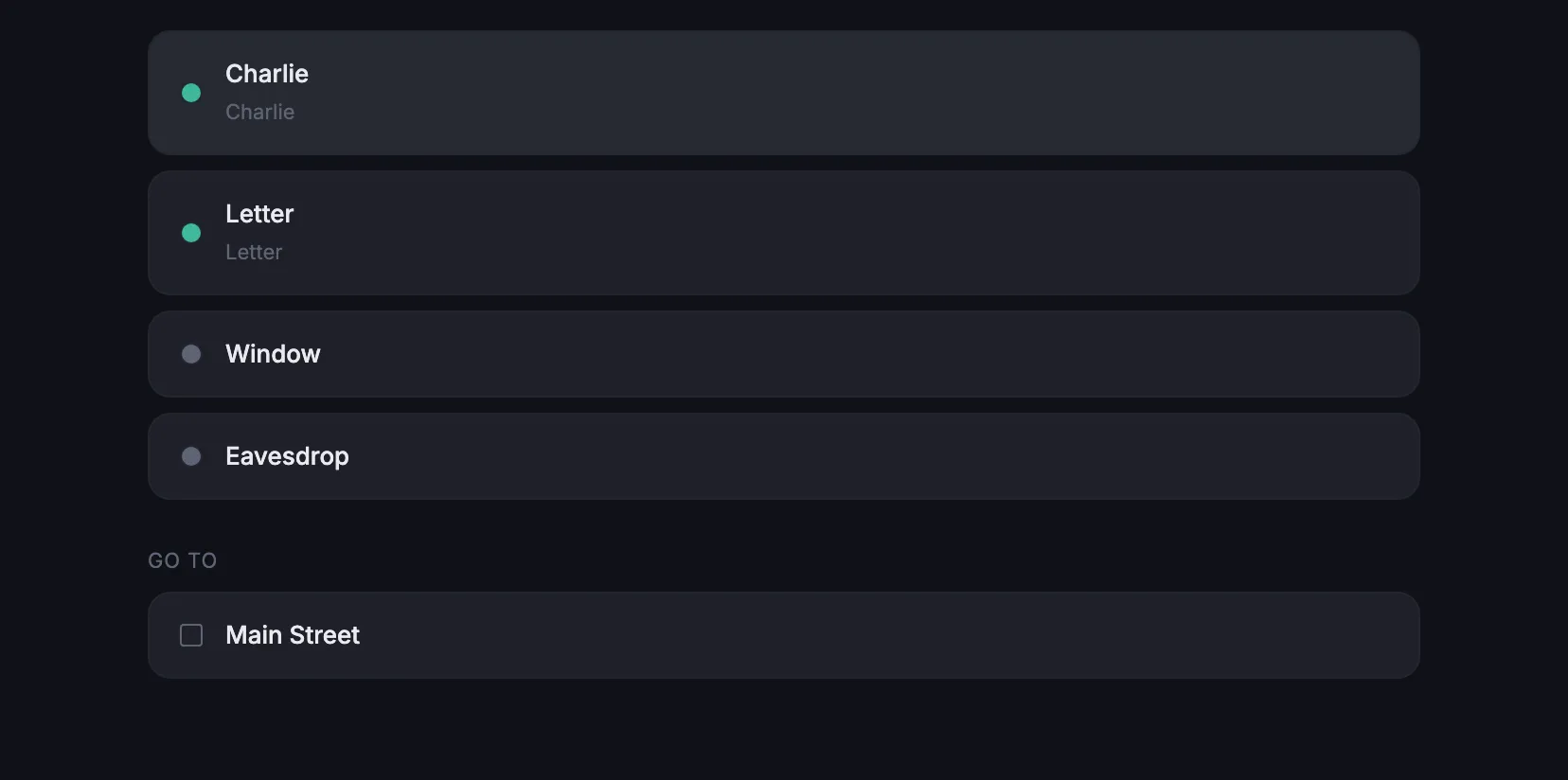 The simulator's world panel listing encounters with their triggers and travel options from the current location