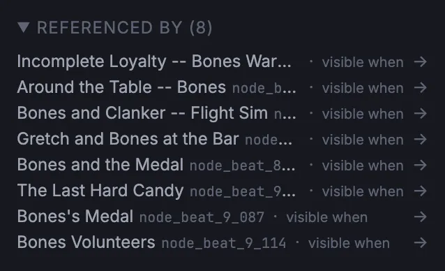 A reverse-references panel listing every node that reads or writes a selected variable, with the exact field and one-click navigation
