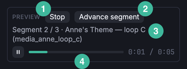 Audio cue Preview row mid-playback: Stop and Advance segment on the buttons row, the status line, and a pause / scrubber / time readout below.