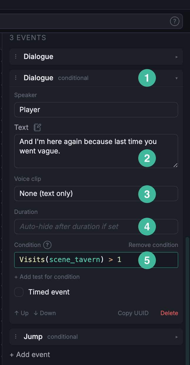 The dialogue event composer with Speaker, Text, Voice clip, Duration, and Condition.