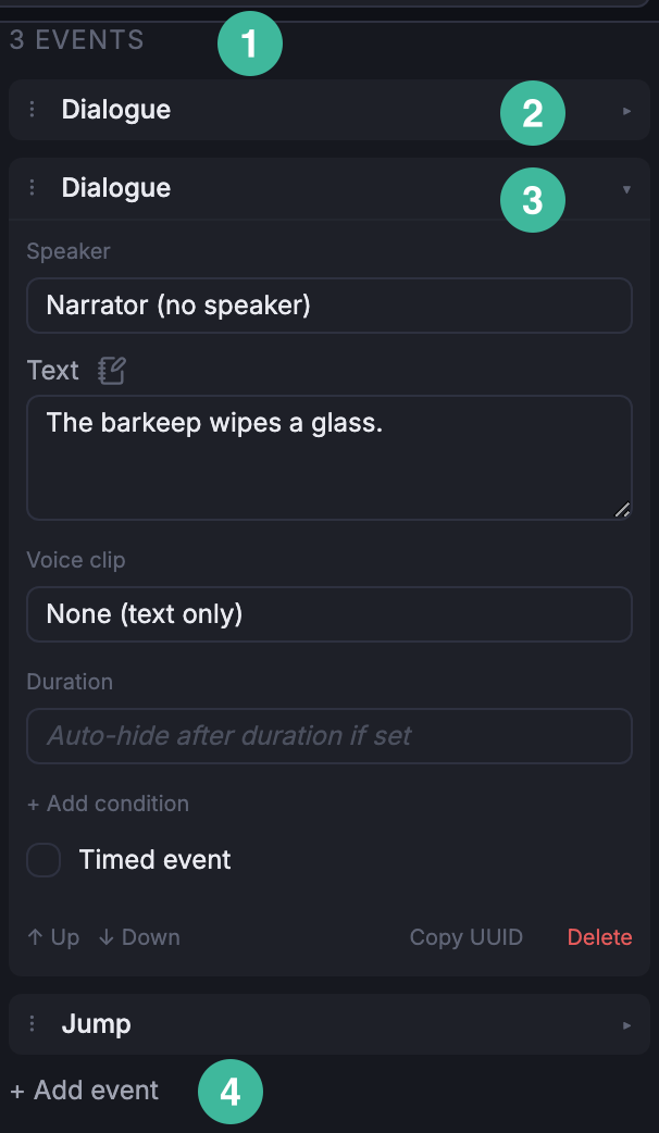 A node's Inspector with several events stacked, one expanded.