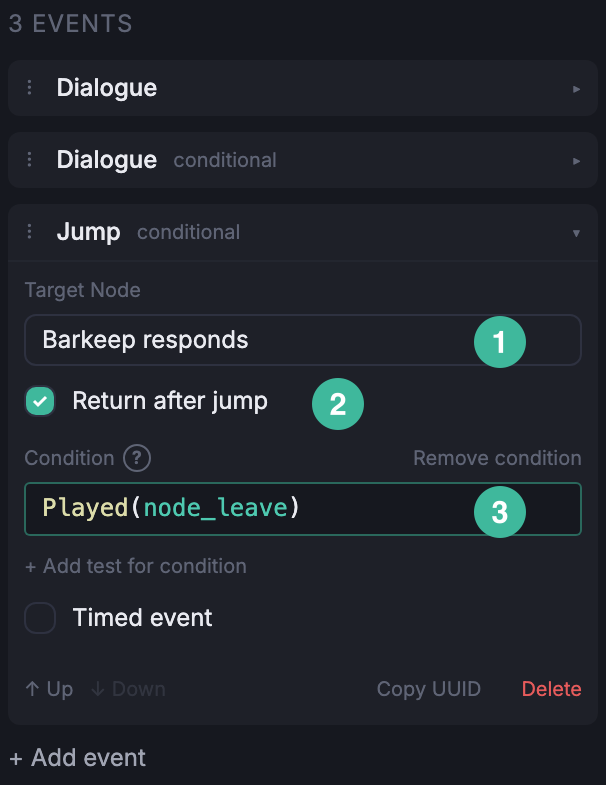 The Jump event composer with Target Node and Return after jump.