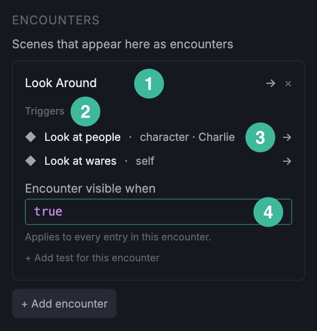 LocationInspector card for a scene whose nodes carry triggers, showing the scene title, Triggers subheading, one fan-out row, and the Encounter visible when field with the shared-gate hint.