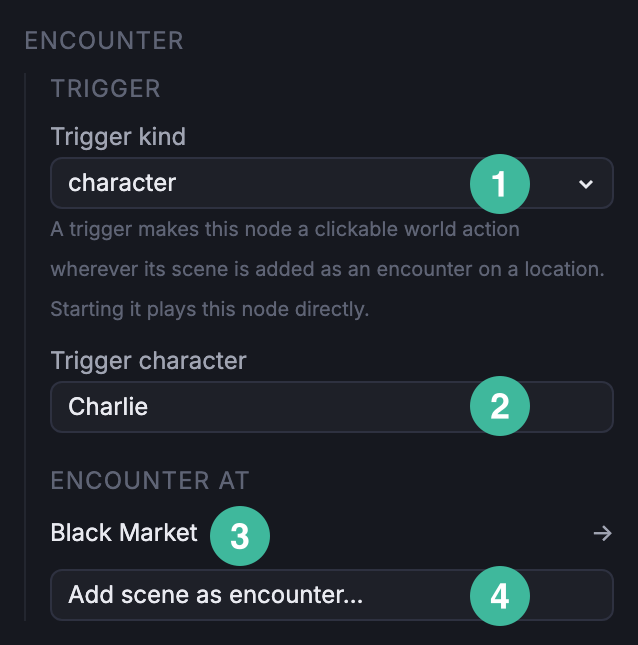 NodeInspector Encounter section showing the full form: Trigger kind dropdown, entity picker, Encounter at derived list, and the Add scene as encounter button.