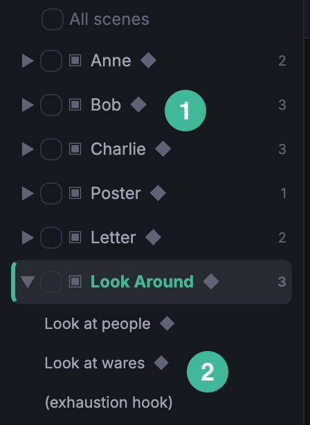 Scenes sidebar showing one scene with the ◆ encounter badge alongside a scene without it.