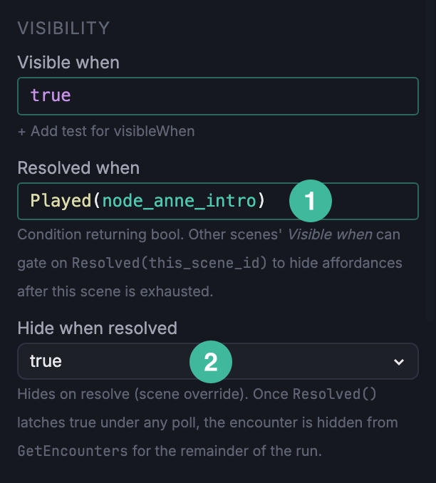 Scene inspector cropped to the Visibility section, showing Resolved when populated with a Played() call and Hide when resolved set to true.