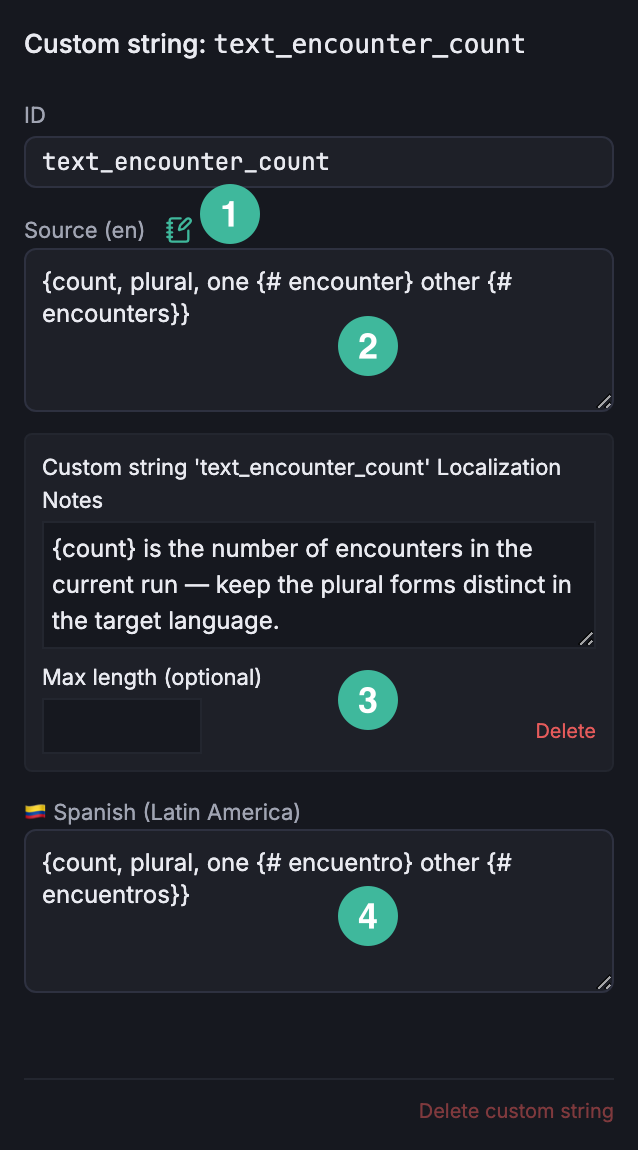 The Custom string inspector on text_encounter_count. Notebook trigger next to the Source label, source text with ICU plural markup, an expanded localization note with translator guidance, and the es-419 translation matching the plural shape.