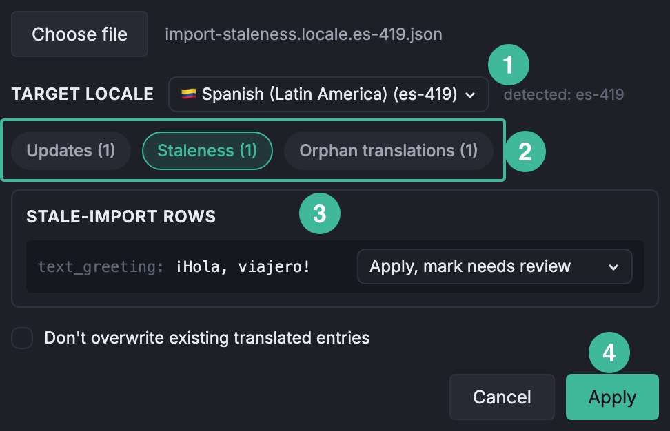 Import Localization dialog on the Staleness tab. Target locale picker at the top; tab bar shows Updates, Staleness, and Orphan translations with counts; a staleness row with its per-item picker button; Apply button at the bottom.