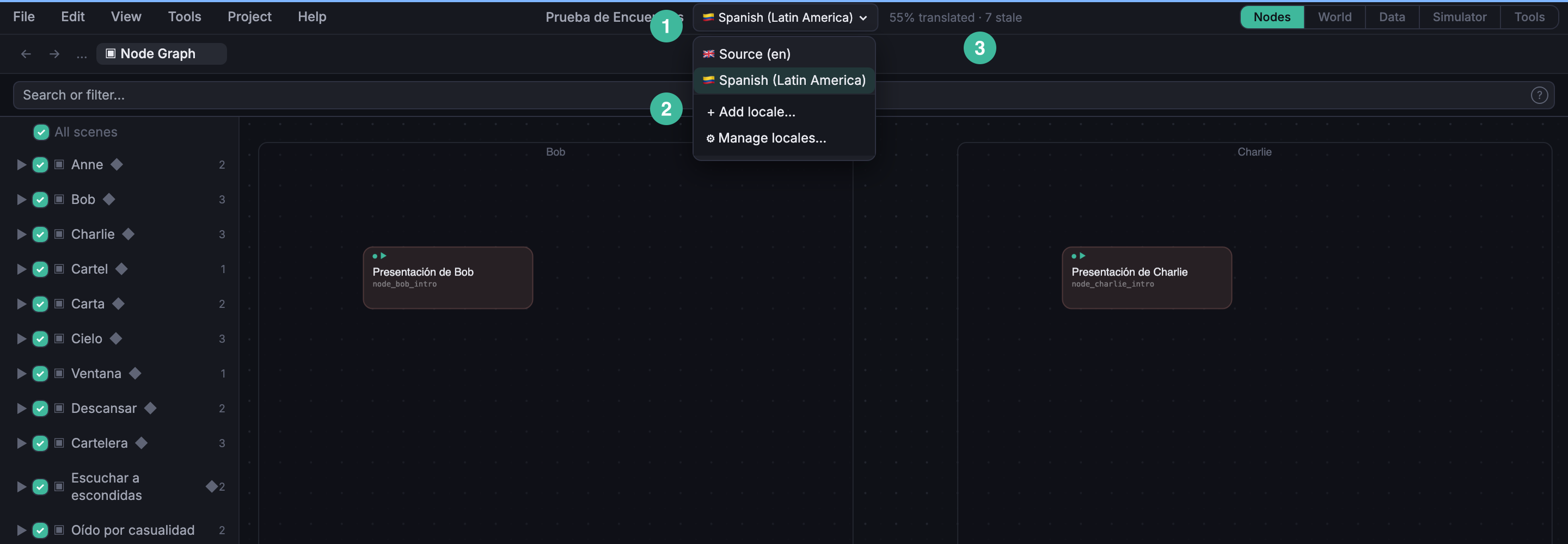 Locale switcher dropdown open in the menu bar showing the trigger label, the source locale row, one target locale row, and Add locale / Manage locales options at the bottom.