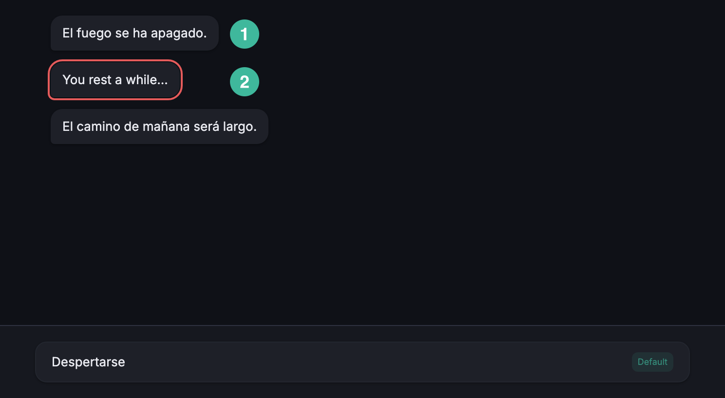 Simulator transcript in es-419: two Spanish dialogue bubbles bracketing a middle bubble whose English source falls through with a red outline.