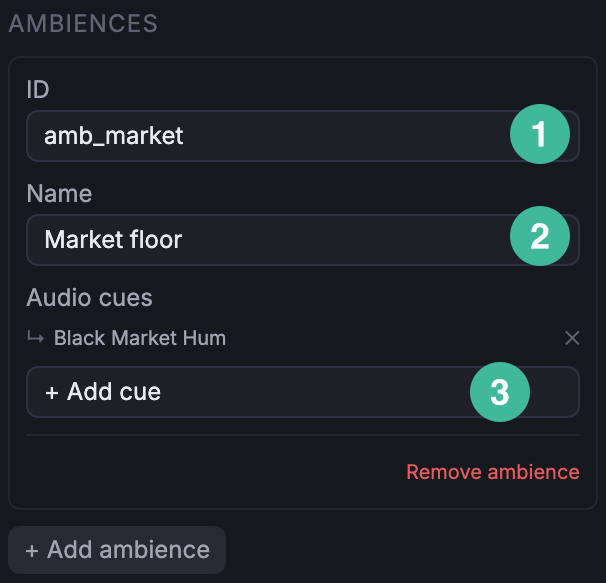 Ambiences section on Black Market with one ambience authored, callouts on the ID, Name, and Audio cues fields.