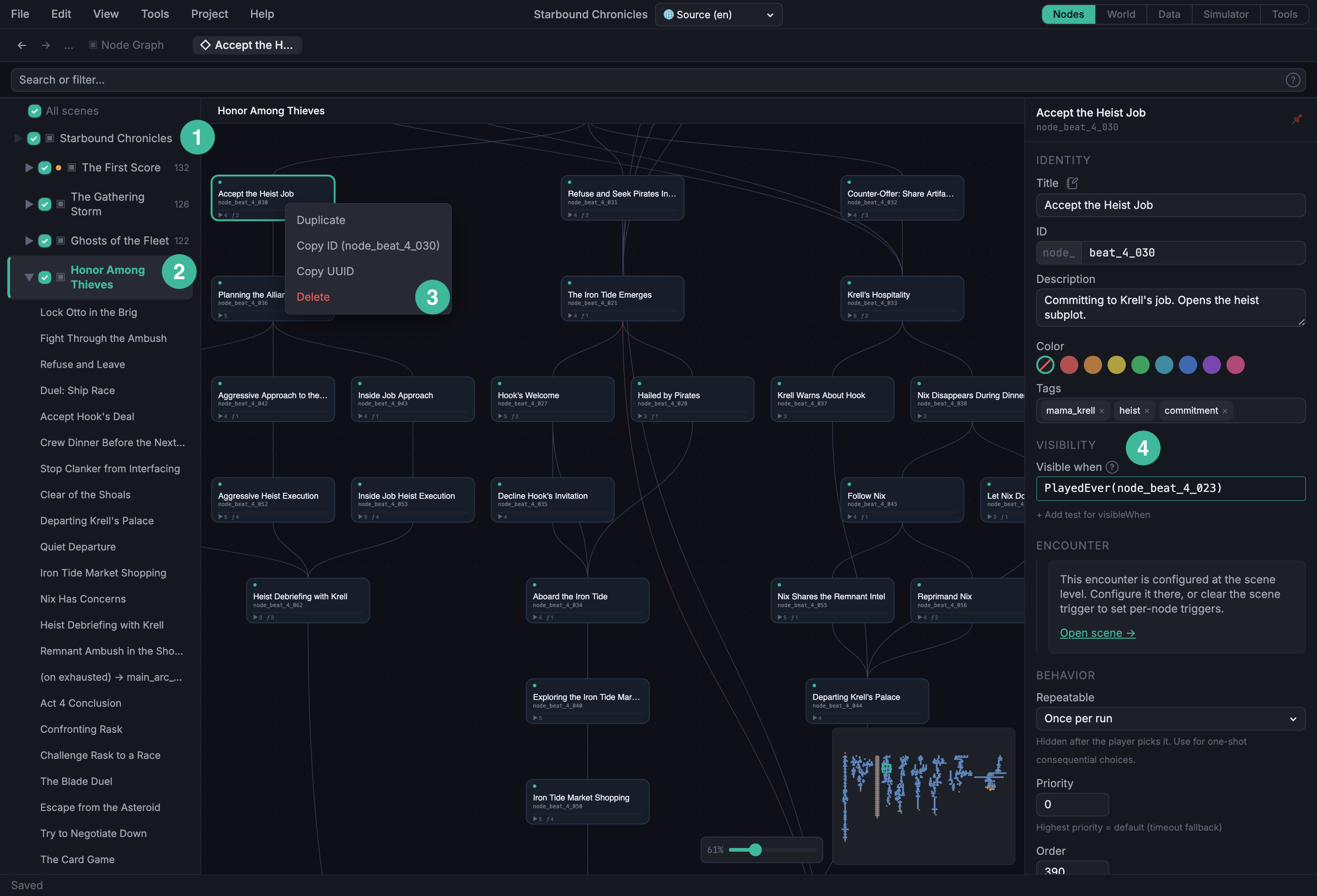 Node Graph at the Detail zoom level, with a node selected and the node context menu open beside it. The Sidebar and Inspector are visible on the left and right of the graph.