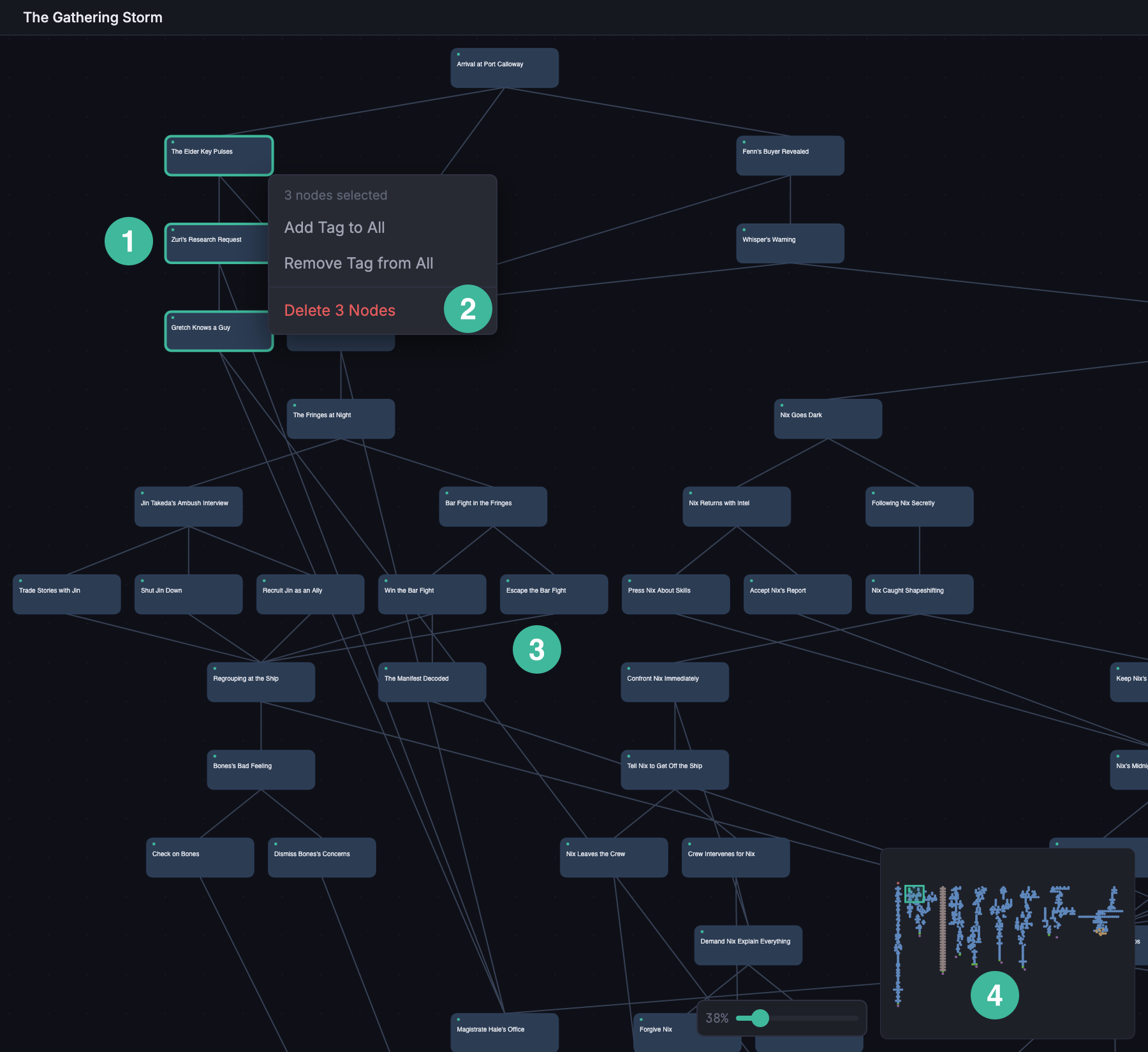 Node Graph at the Summary zoom level, with three nodes selected and the bulk context menu open. Cards collapse to compact bars at this zoom.