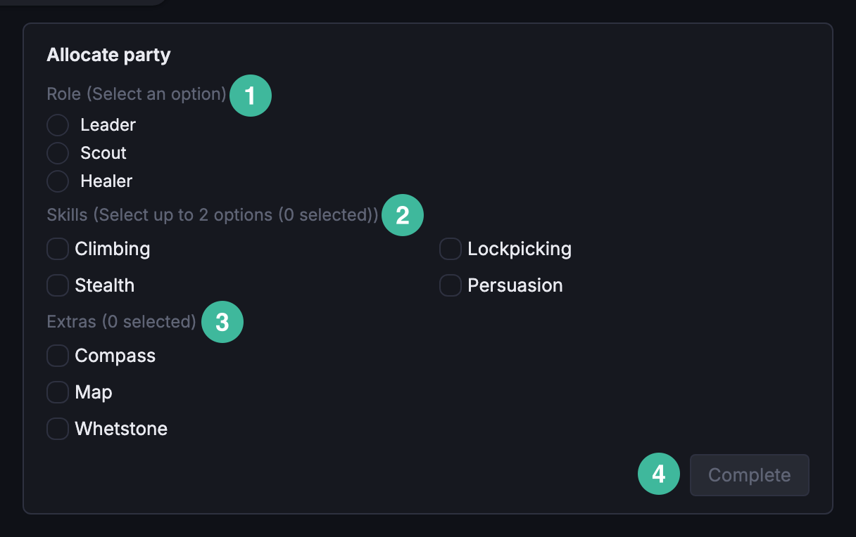 Activity widget for Allocate party showing three groups (Role, Skills, Extras) with a disabled Complete button at the bottom.