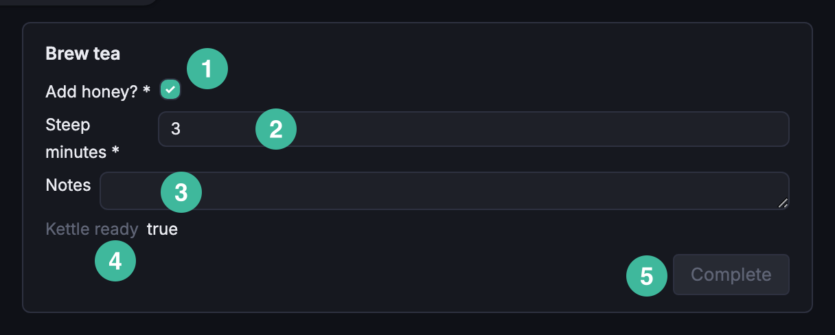 Activity widget for Brew tea showing four loose fields: a bool checkbox, an integer input, a string textarea, and a read-only value rendered as label + value. Complete is enabled.