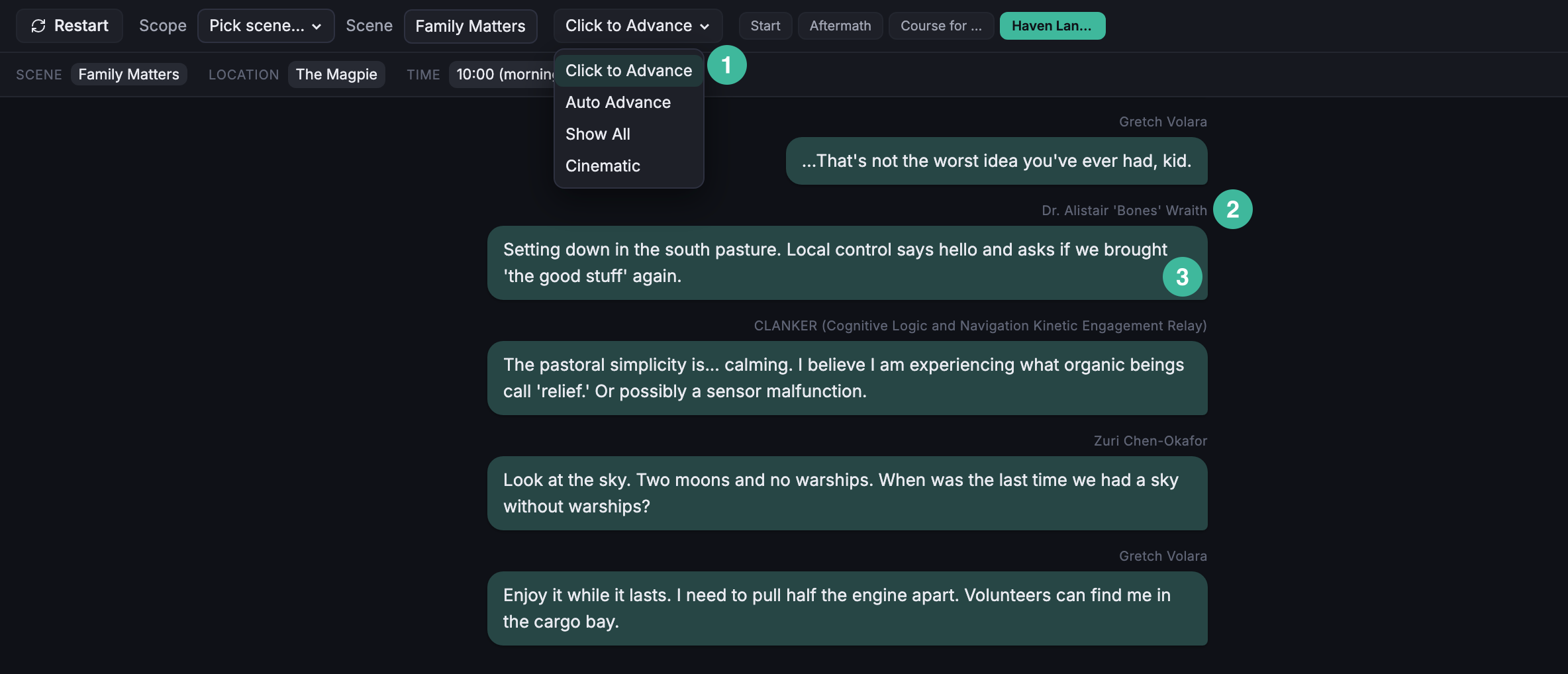 Simulator Dialogue area mid-run with several messages by named speakers, and the Advance mode picker open in the Toolbar above showing Click to Advance, Auto Advance, Show All, and Cinematic.