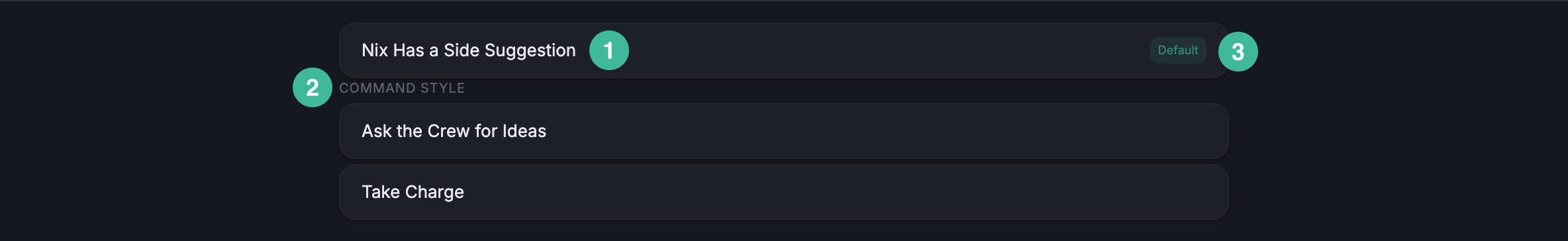 Choice panel with one loose Nix row marked Default alongside two grouped rows bracketed under a Command Style group column header.