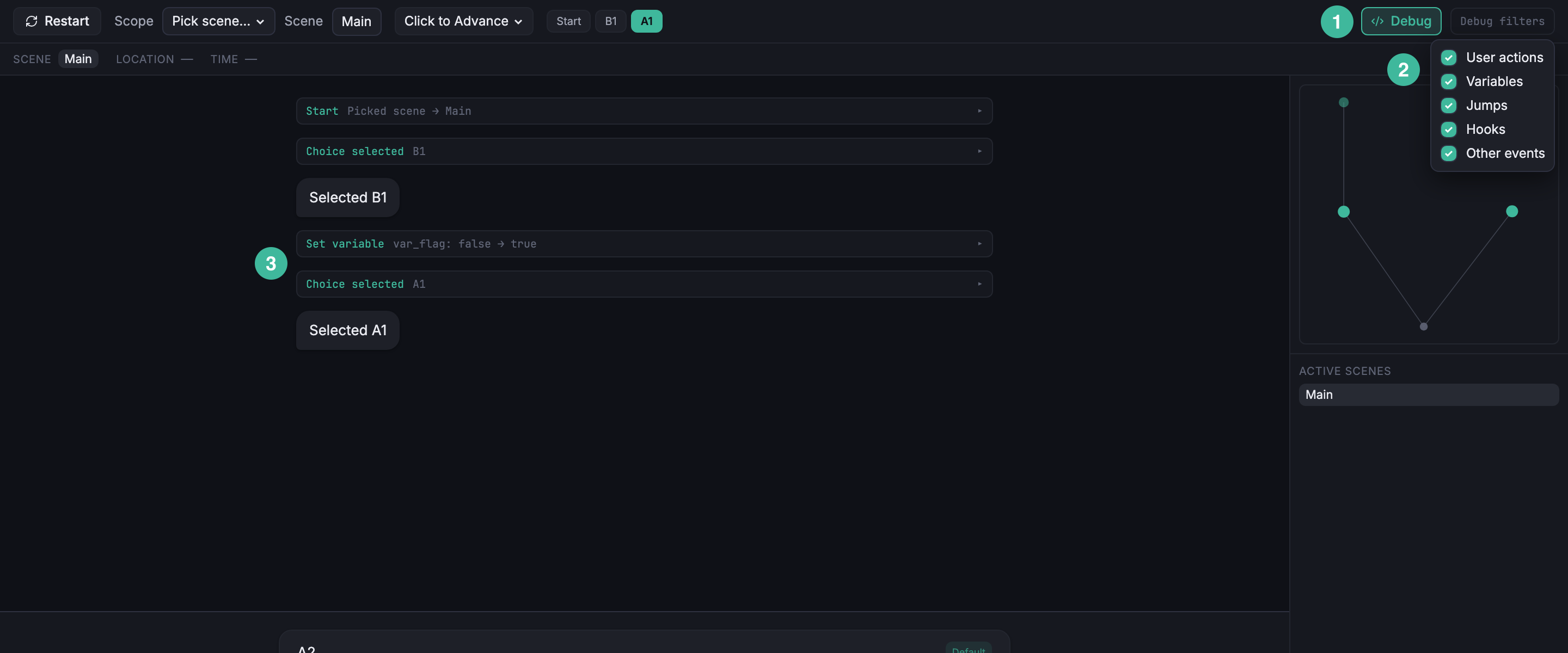 Dialogue area with Debug on. Colored debug rows (Start / Choice selected / Set variable / Choice selected) are interleaved with two dialogue pills. The Debug filters popover sits open next to the Debug button in the Toolbar, showing five bucket toggles.