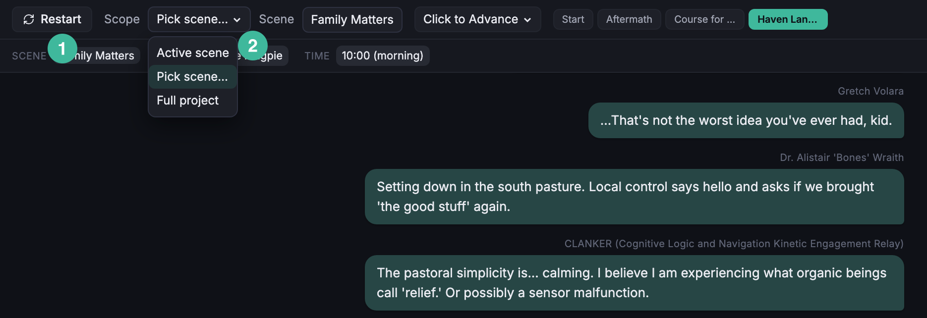Simulator Toolbar with the Scope dropdown open showing Active scene, Pick scene…, and Full project; Context strip and dialogue log below.
