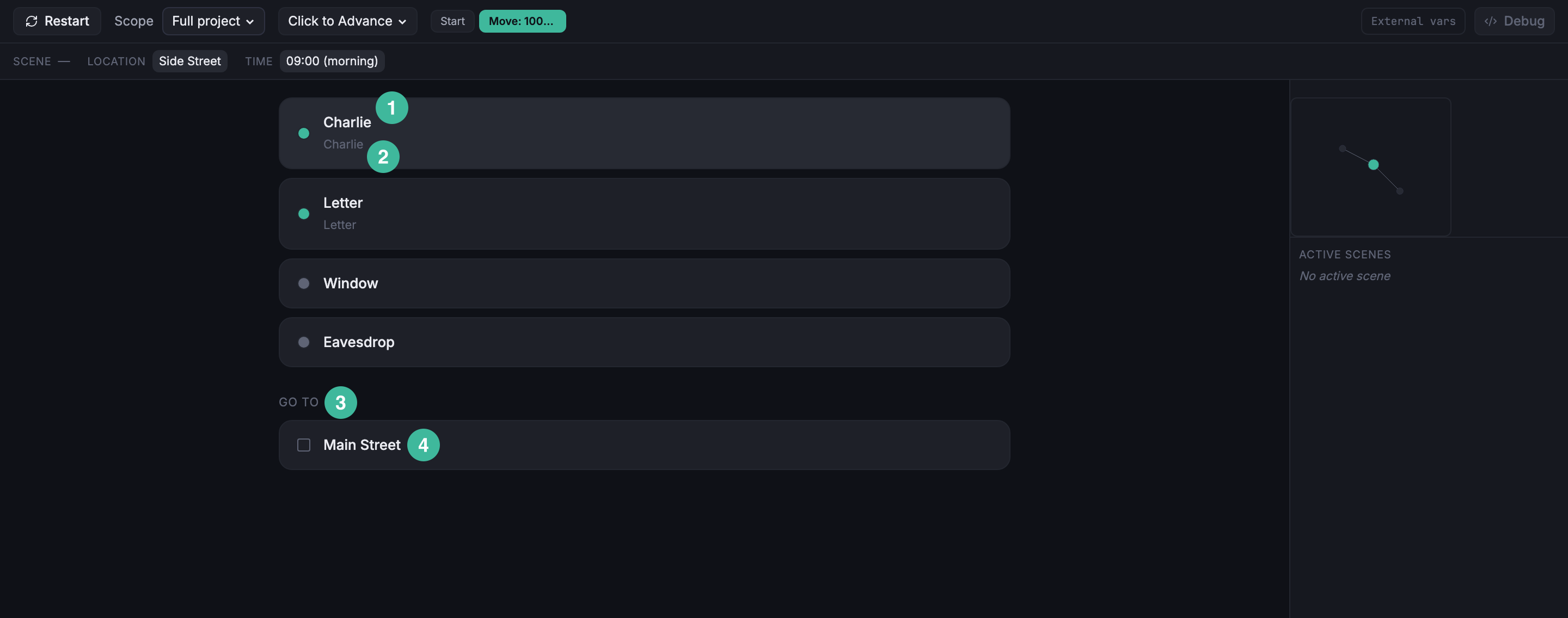 Simulator World panel at Side Street with four encounter rows (each with a colored Trigger-kind dot) and a Go to section listing Main Street.