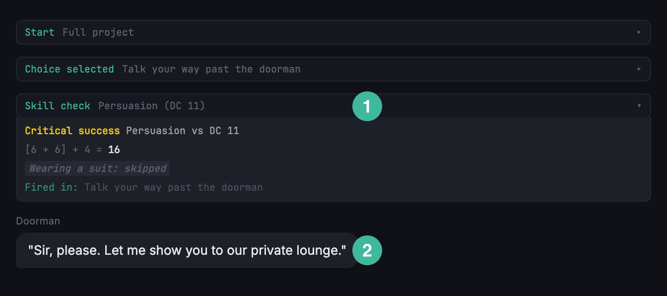 Simulator debug row for a Critical success outcome on the doorman check, followed by the critical-success dialogue that fired.