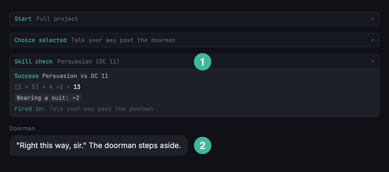Simulator debug row for the doorman check with var_wearing_suit true. Modifier breakdown lists 'Wearing a suit +2' alongside the roll total.