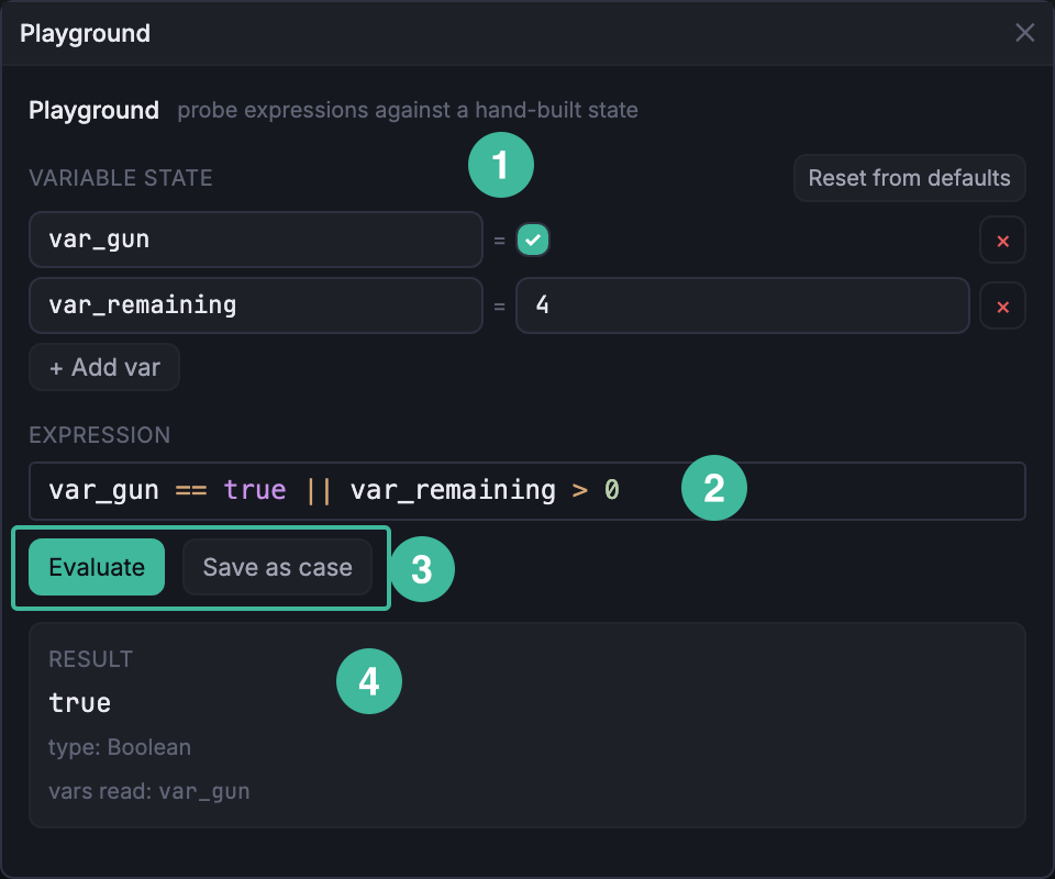 Playground popover open with a live evaluation: variable-state editor on the left, expression input and result on the right.