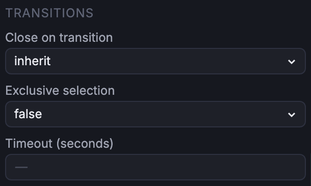 Scene Inspector Transitions section showing the Exclusive selection picker set to false