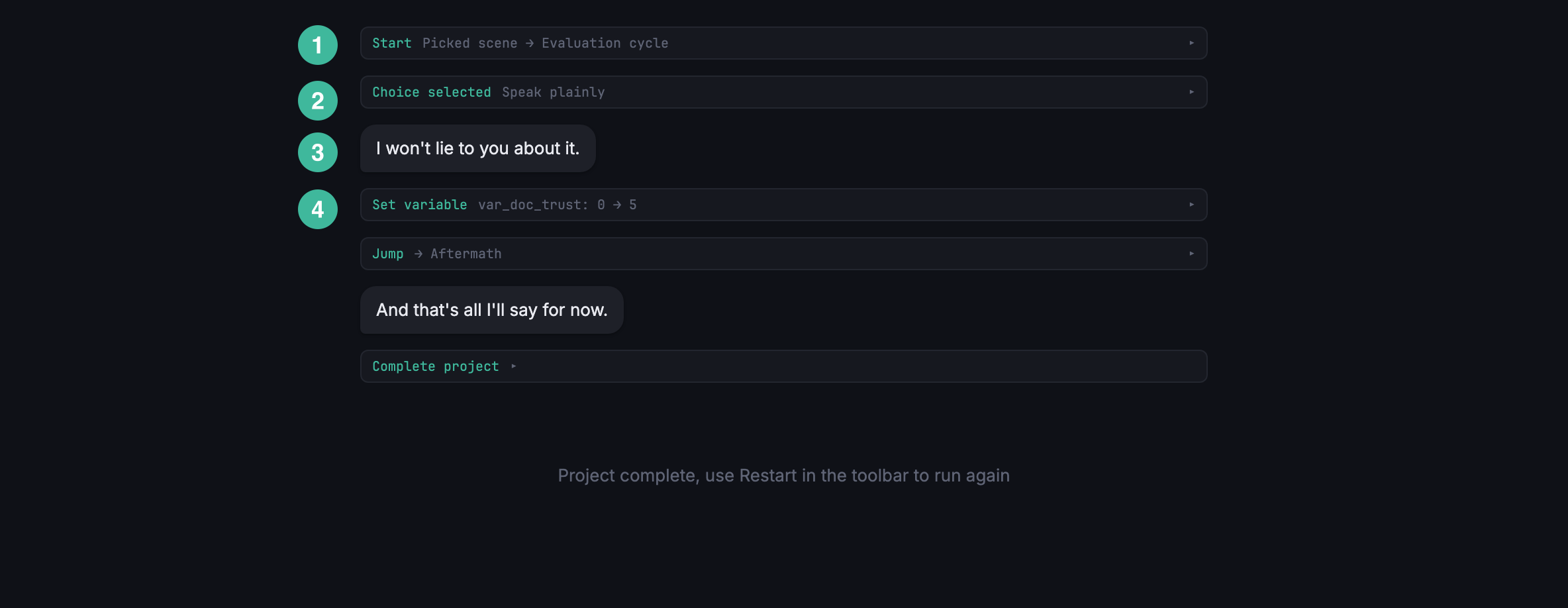 Simulator after picking Speak plainly, with Debug on: four events fired from one click