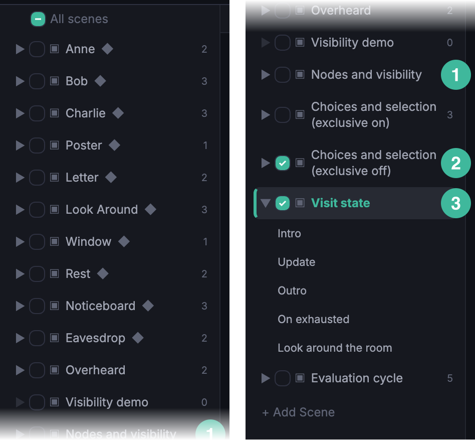 Scenes sidebar showing three scene states: (1) a row with visibility off, (2) a row with visibility on, (3) a row with visibility on and active