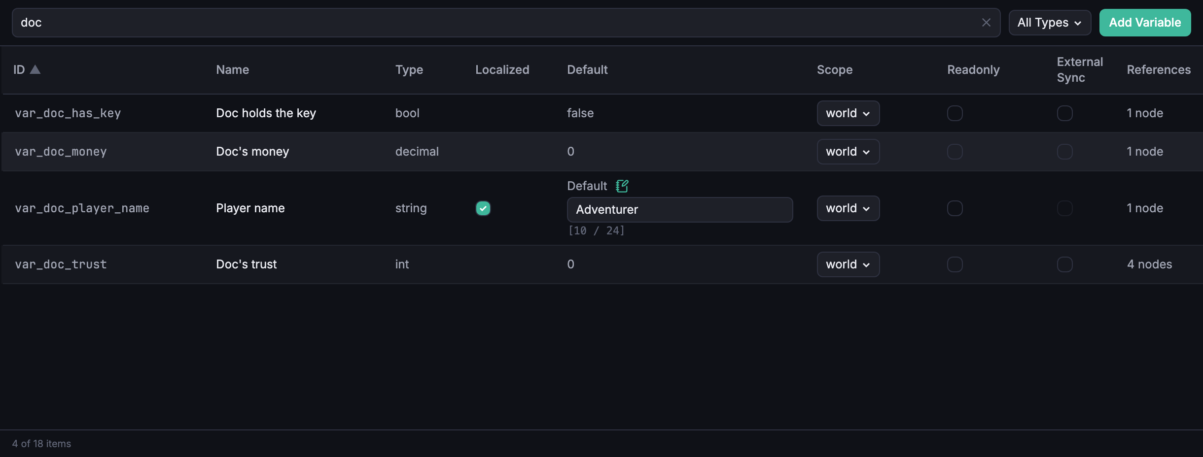 Variables data view filtered to four doc-only variables, one per type, with the Type column showing bool, decimal, string, and int