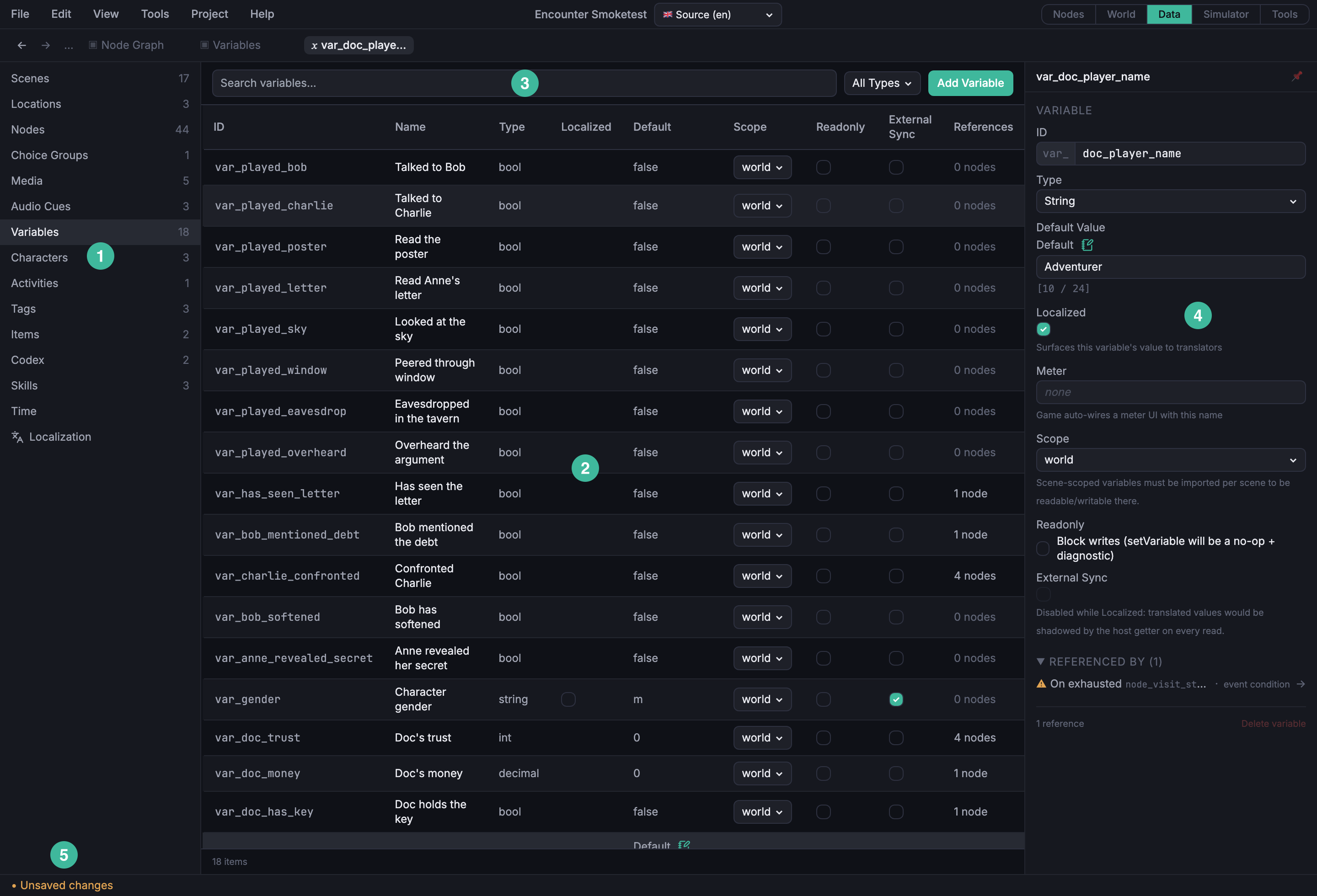 Data mode, with the entity-type tabs down the left sidebar, the sortable data table for the selected type filling the center, the Filter and search box above it, the Inspector on the right, and the Status bar across the bottom.