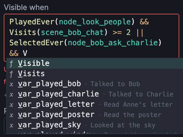 The Visibility field on a scene inspector. After typing &&, the autocomplete dropdown lists matching functions (Visits, Visible) and matching variables alongside each other