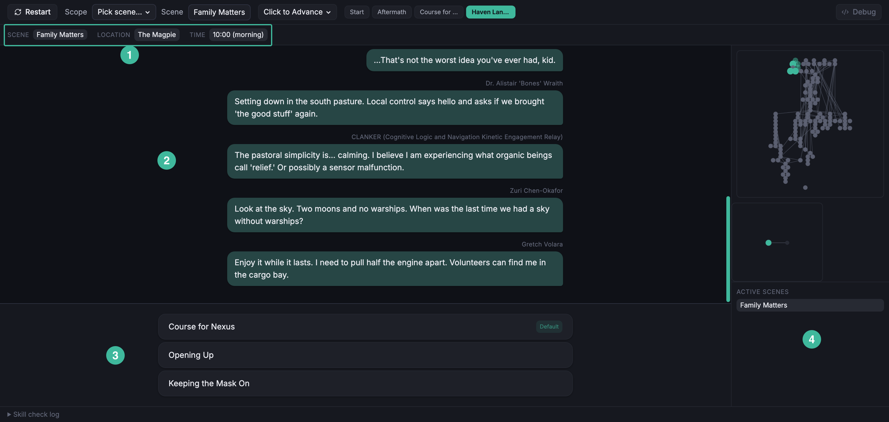 Simulator mode, with the Context strip across the top, the Dialogue area filling the left middle, the Choice panel below it, and the State panel of node minimap, location, and active scenes in the right column.