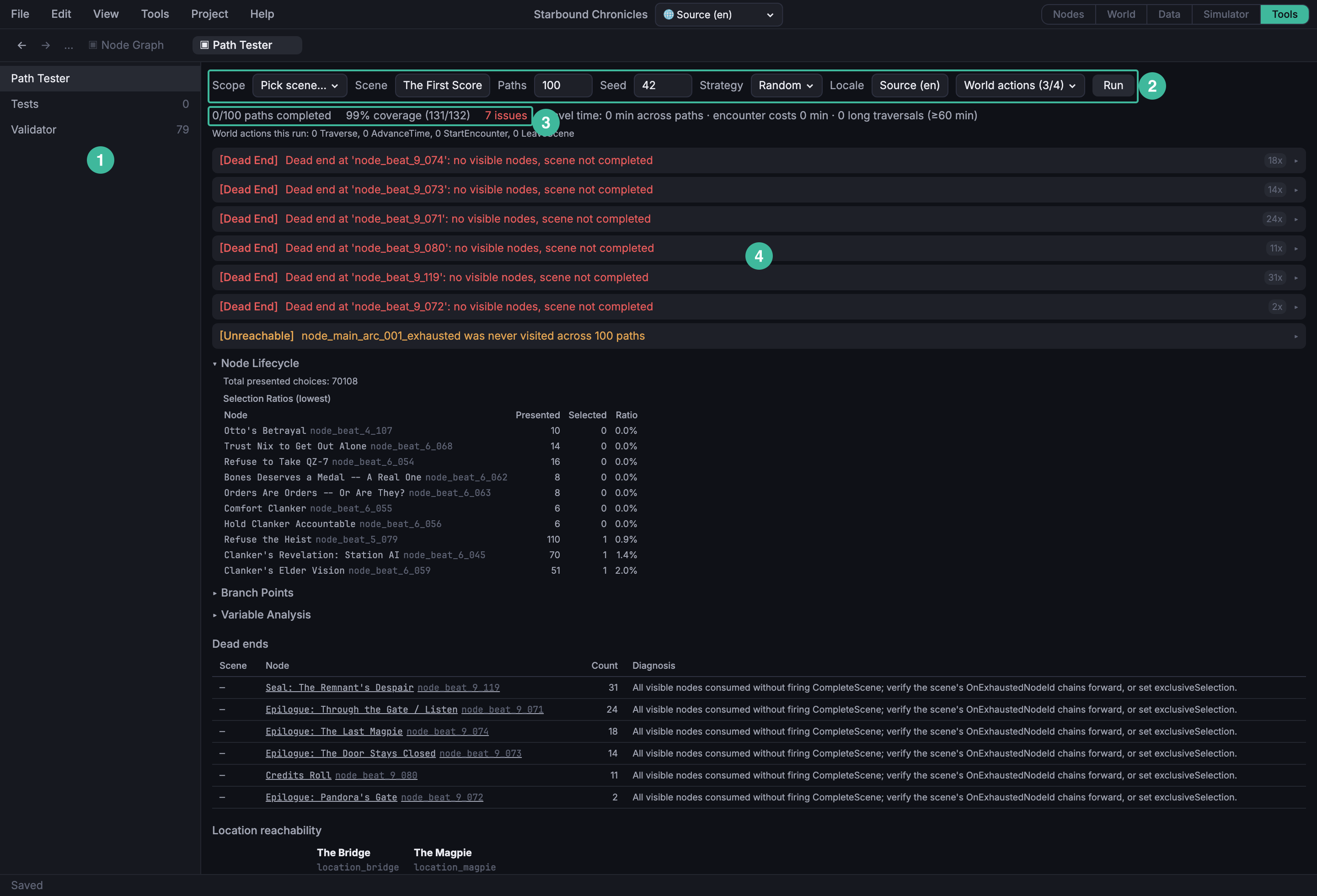Tools mode, with the Path Tester / Tests / Validator tool picker on the left, the run controls at the top of the panel, the summary row of coverage, path count, and steps below them, and the issues list underneath.