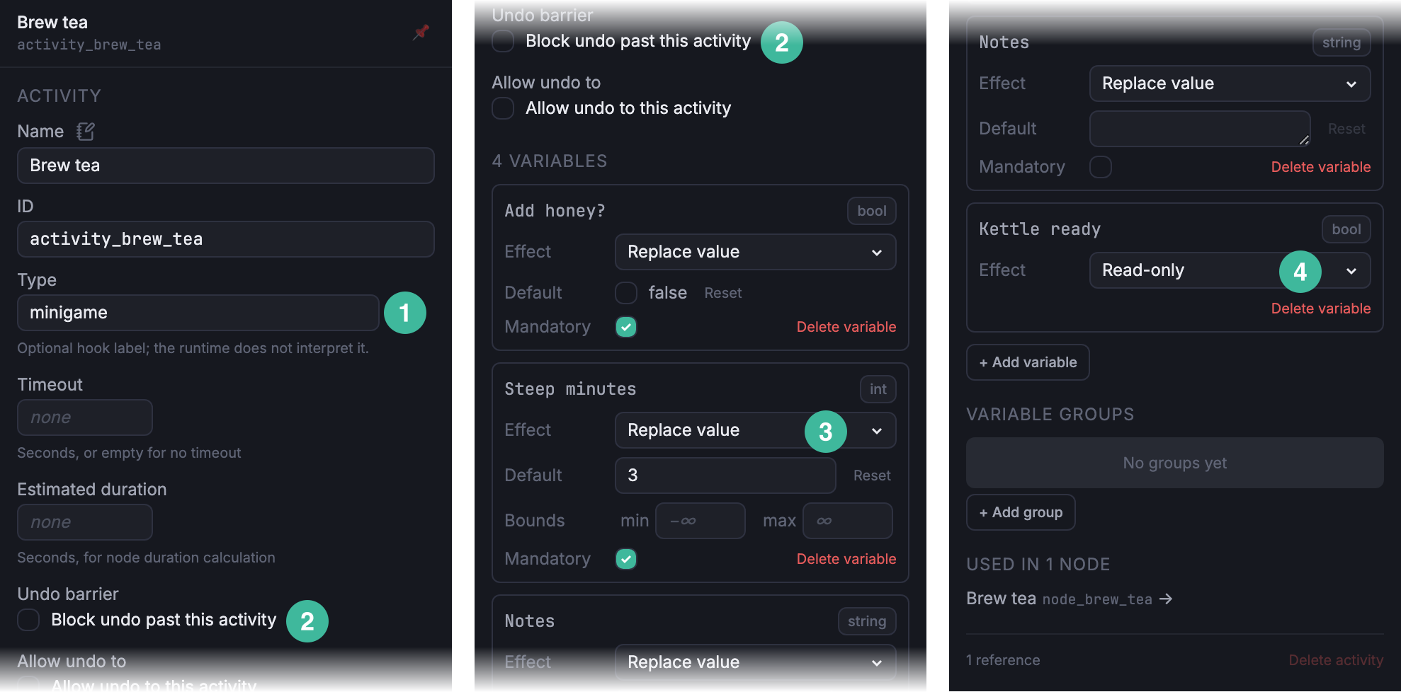 Activity inspector for Brew tea with numbered callouts on the Type field, the Undo barrier checkbox, the Effect selector on the Steep minutes row, and the read-only Kettle ready row.
