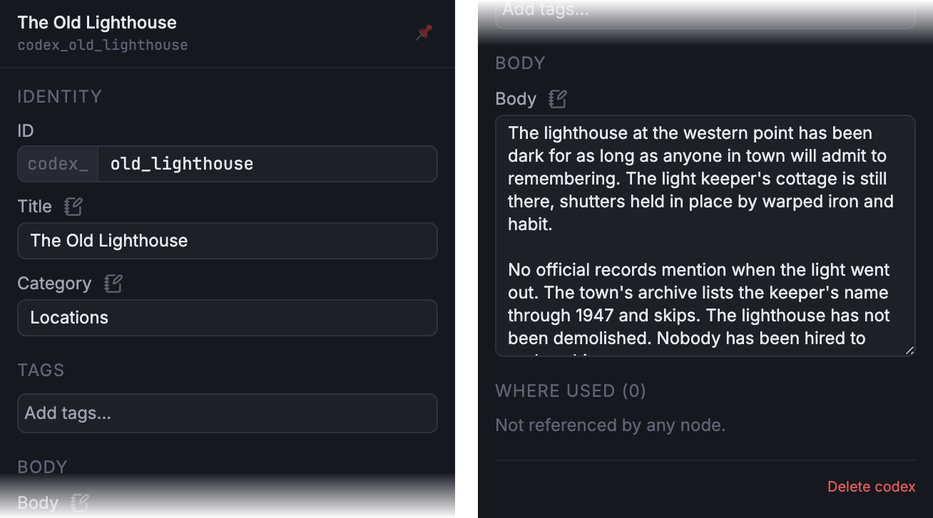 Codex inspector for The Old Lighthouse with Title, Category, Tags, and a multi-paragraph Body editor.