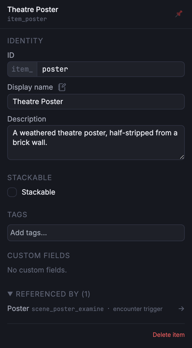 Item inspector for Theatre Poster with Identity, Stackable, Tags, Custom fields, and Where-used sections.