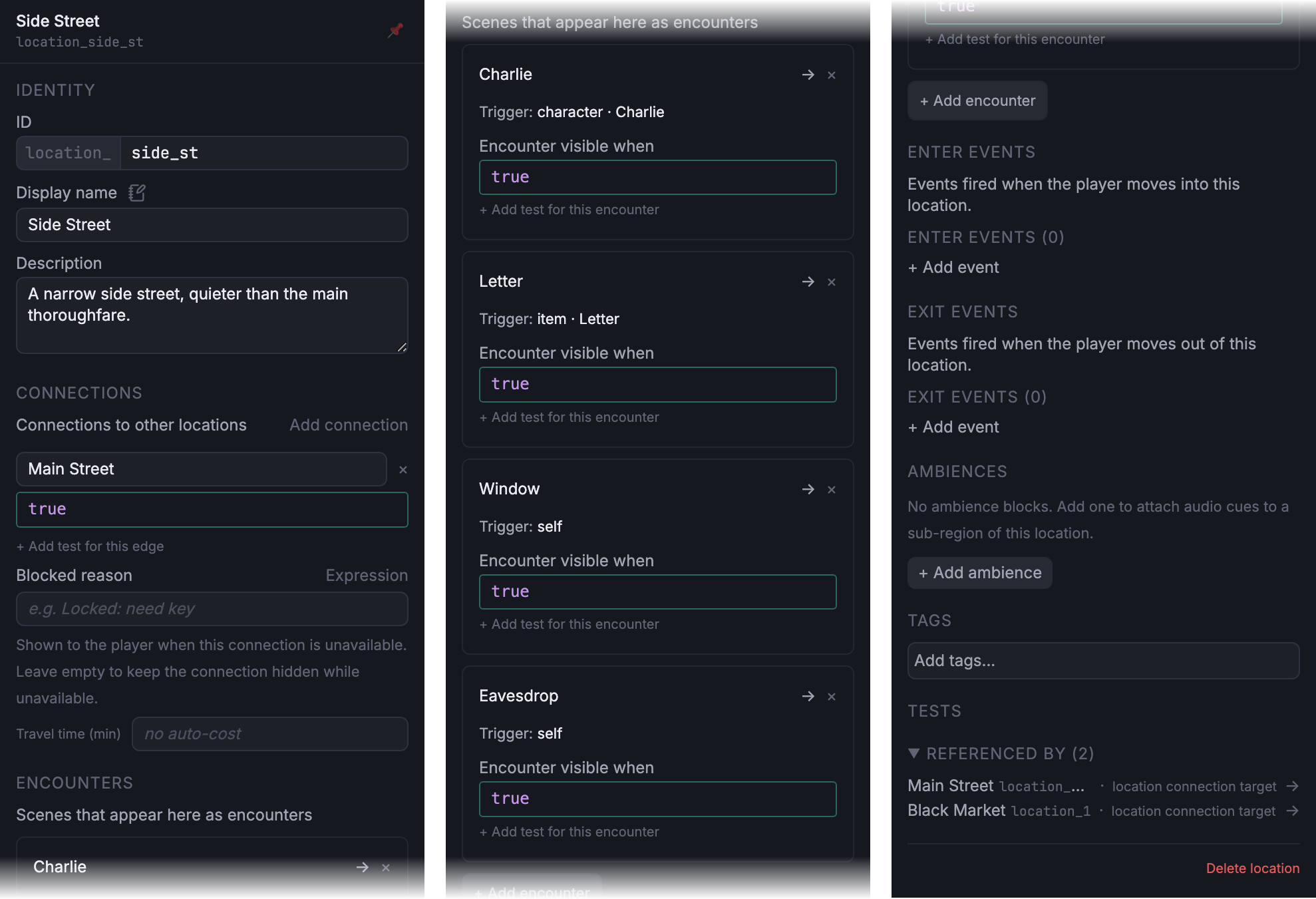 Location inspector for Side Street showing the display name with its translator note, one Main Street connection, and four encounters.