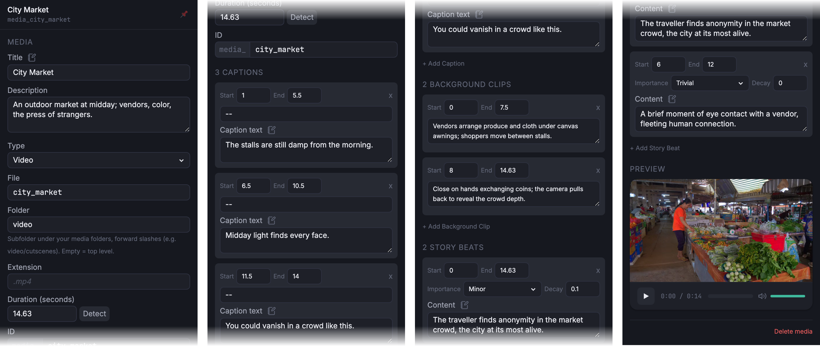 Media inspector for the City Market video clip, showing the preview, duration, three captions, two background clips, two story beats, and a linked secondary clip.