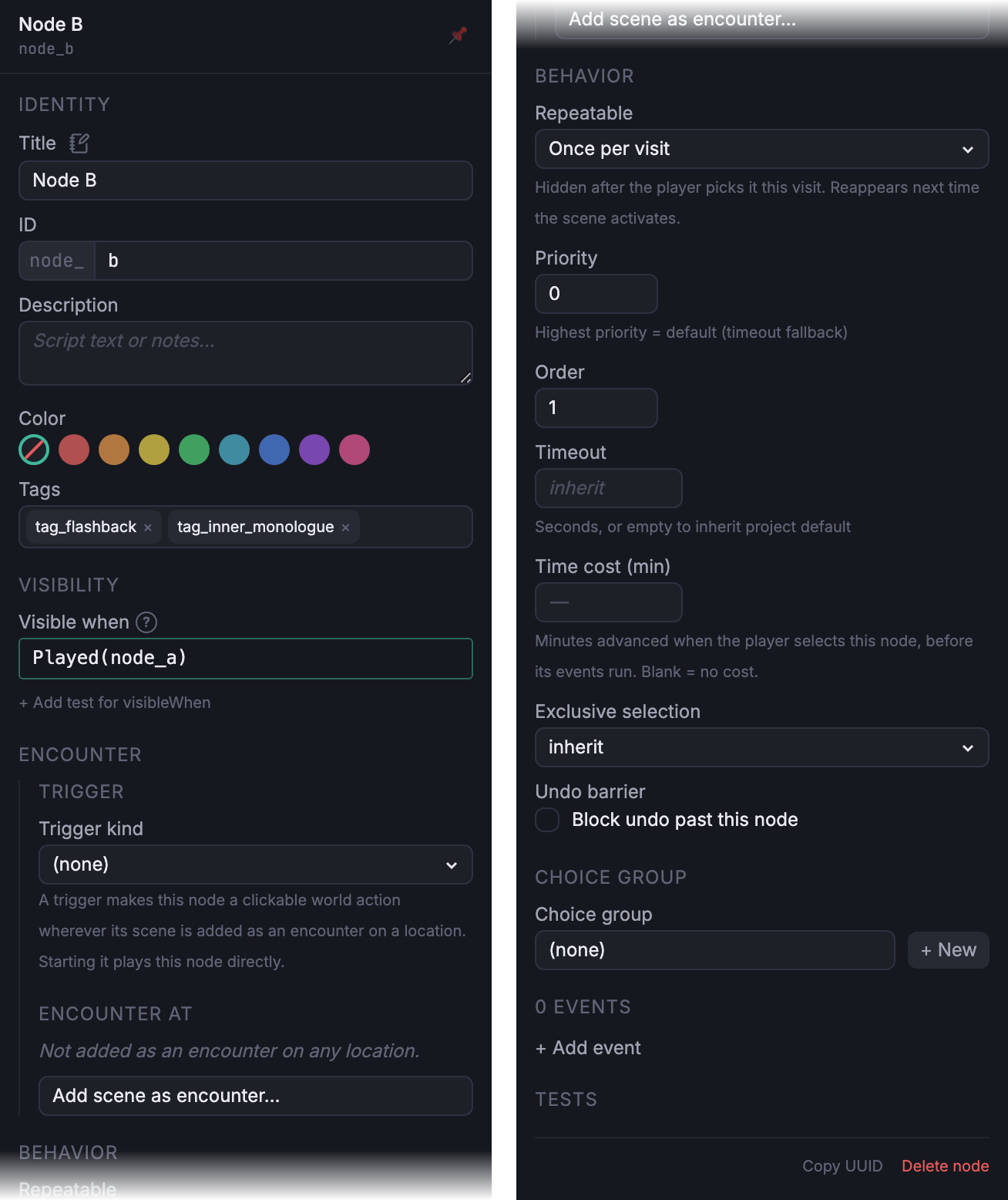 Node inspector for Node B, posed on the Node Graph with the node selected, showing the Identity, Visibility, Behavior, Choice group, Events, and Tests sections.