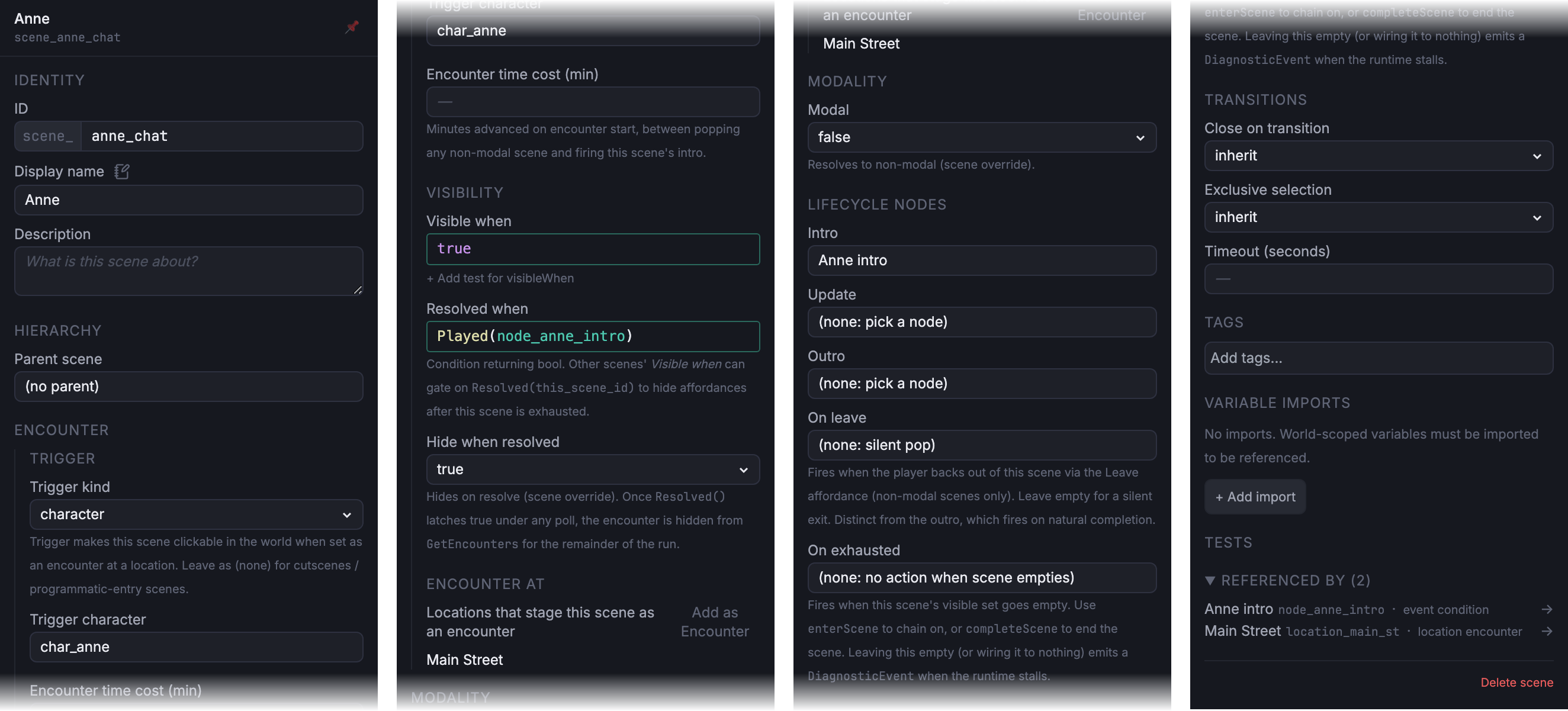 Scene inspector for scene_anne_chat, showing identity, hierarchy, trigger, modality, resolved-when, lifecycle, and transition fields populated.
