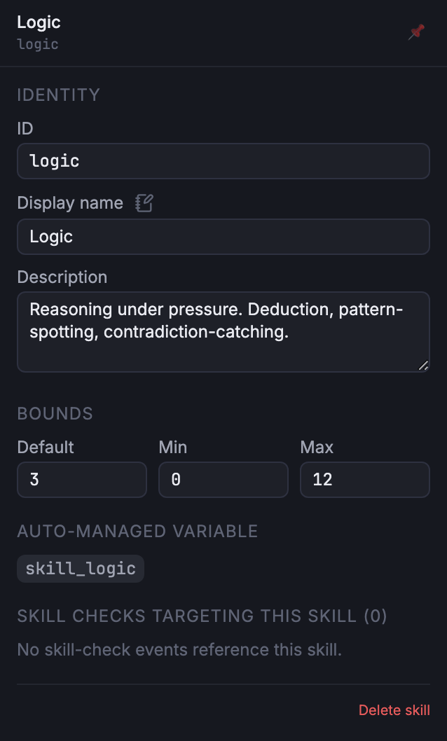 Skill inspector for Logic with Identity, Bounds, and Auto-managed variable sections.