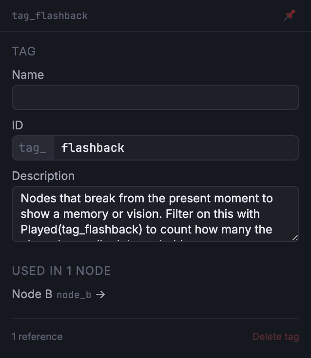Tag inspector for tag_flashback in the Data view, showing the Name, ID, and Description fields and the Used-in list.